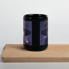 Mystic Garden Beyond Style Black Glossy Mug in a serene kitchen setting.