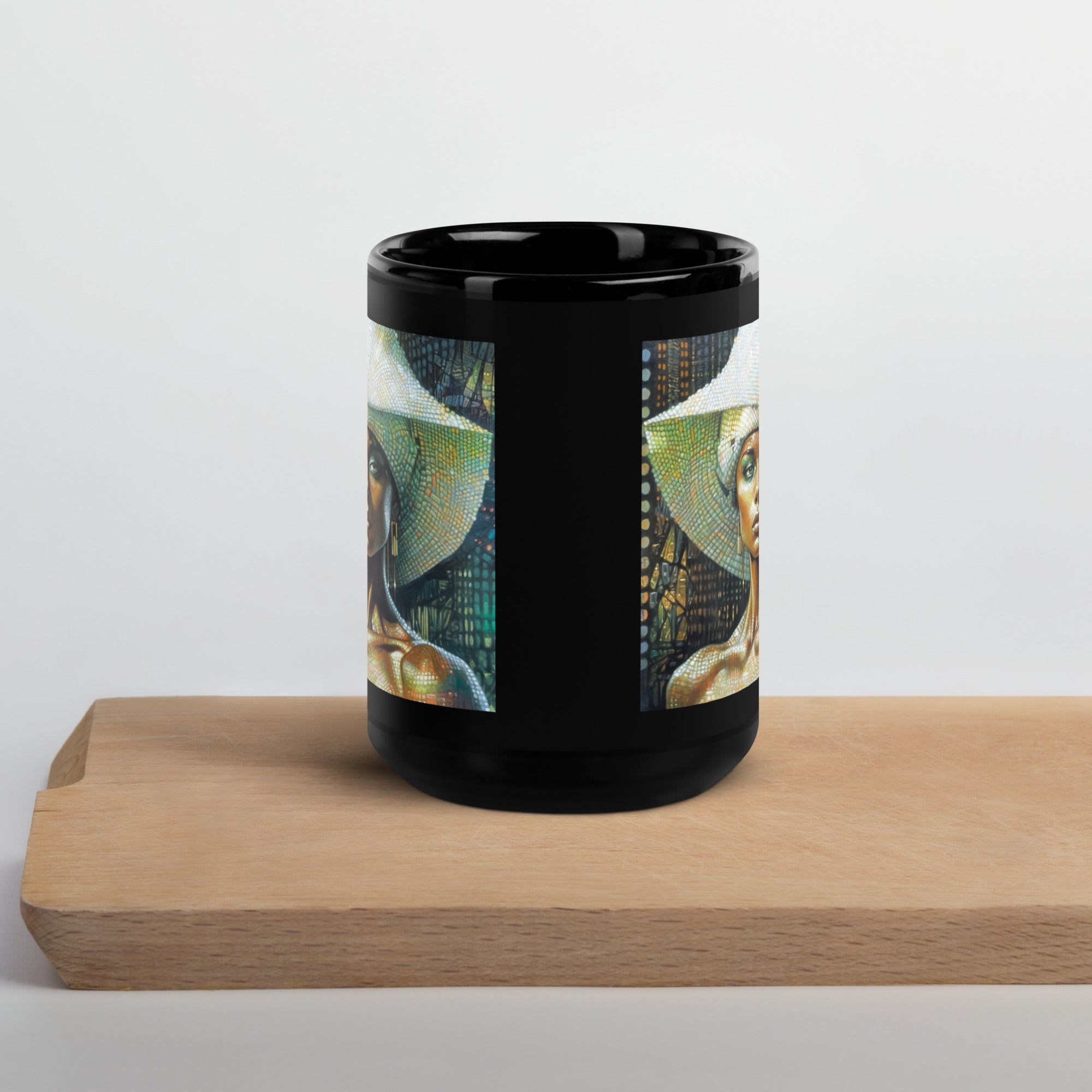 Boho Delight Beyond Style Black Glossy Mug in a modern kitchen setting.