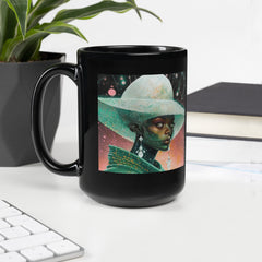 Mystic Night Beyond Style Black Glossy Mug with a celestial design.