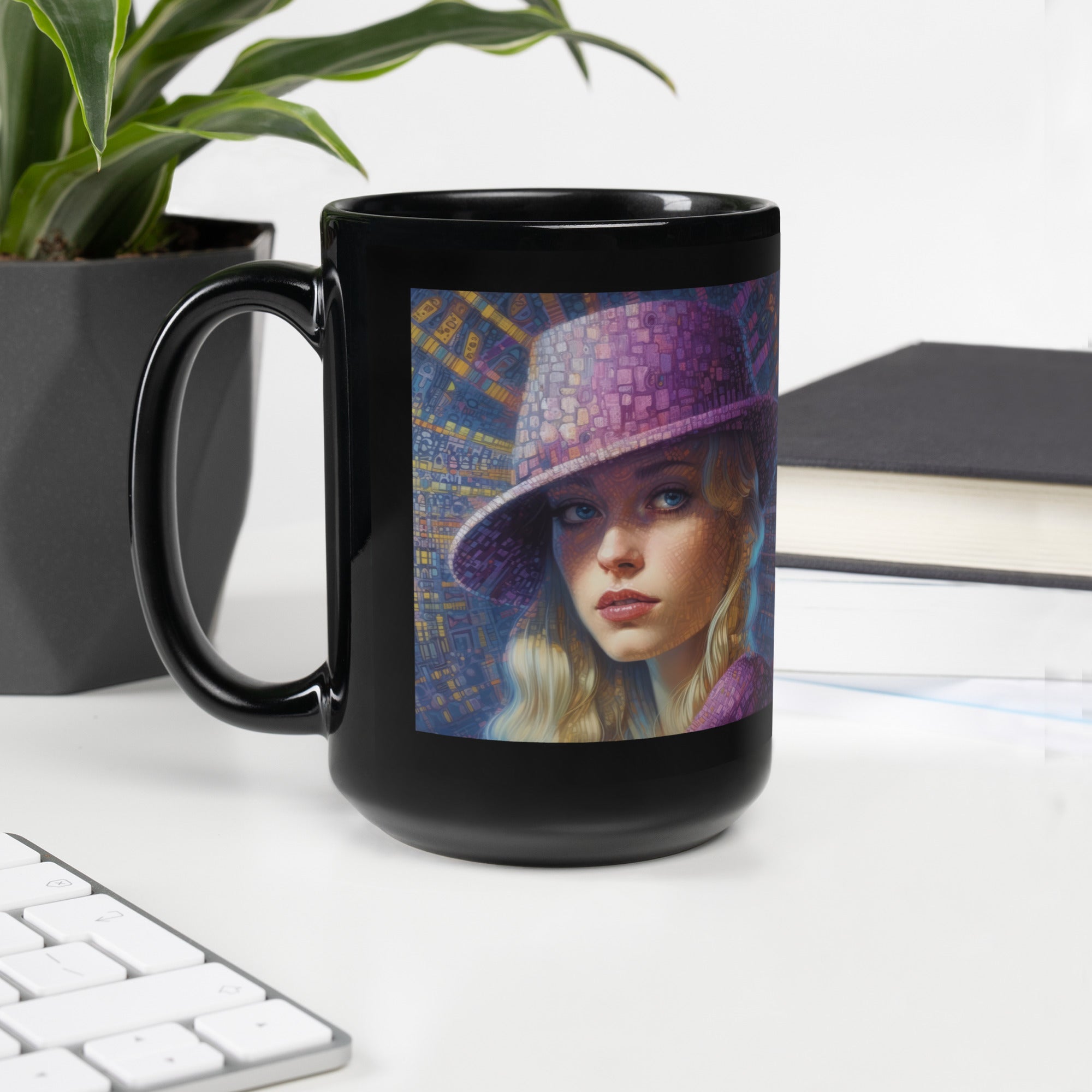 Retro Charm Beyond Style Black Glossy Mug with vintage design.