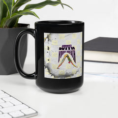 Serene Tree Pose illustrated on black glossy coffee mug.