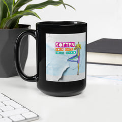 Restorative yoga-themed glossy black coffee mug.