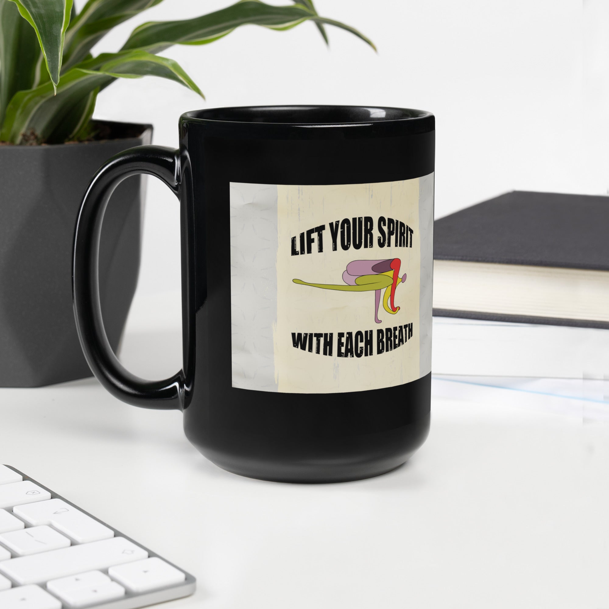 Inspirational Triangle Pose yoga black coffee mug.