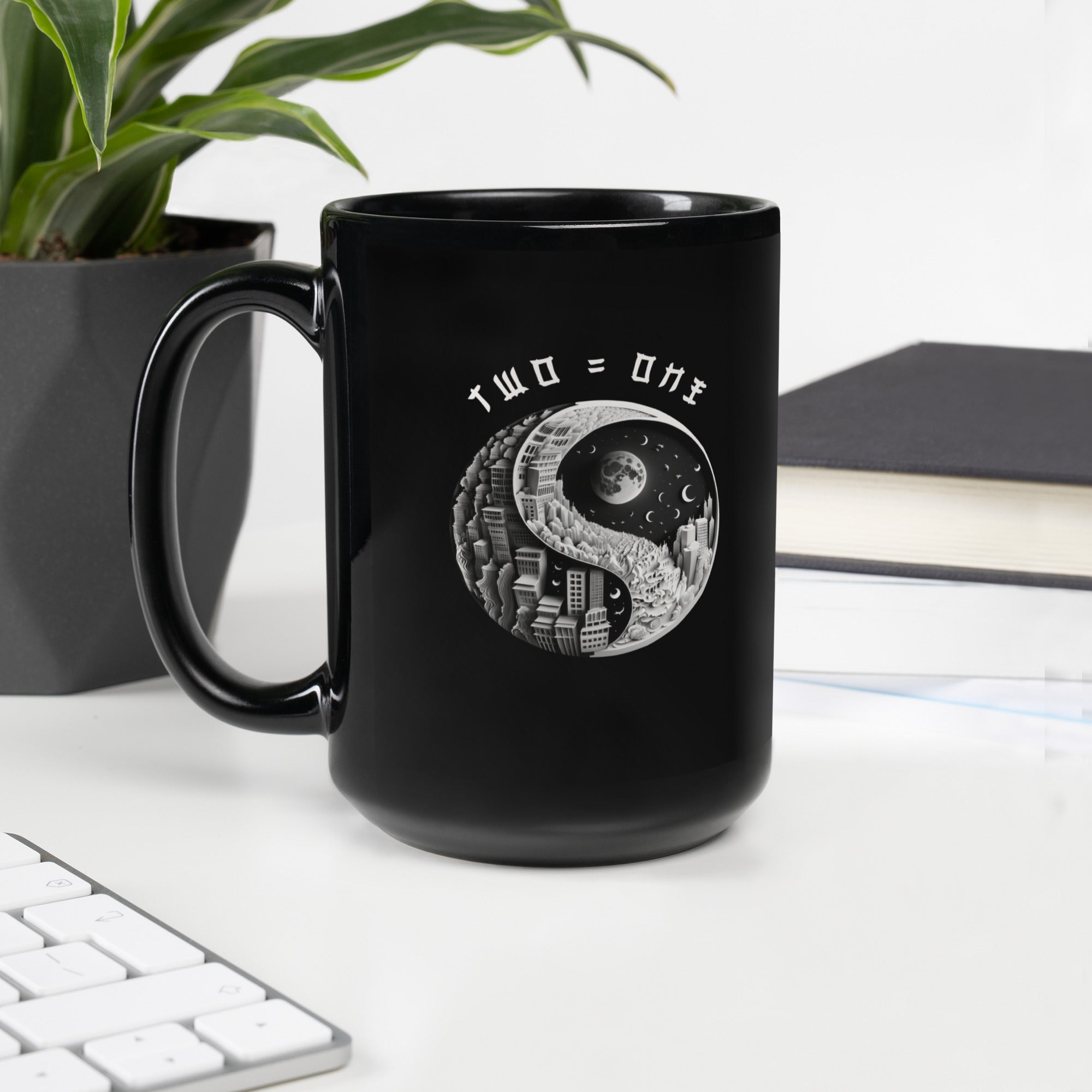 Yin Yang black coffee mug for peaceful mornings.