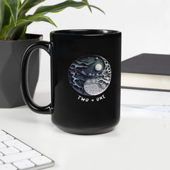 Butterfly Harmony Yin Yang Black Glossy Mug with detailed butterfly design.