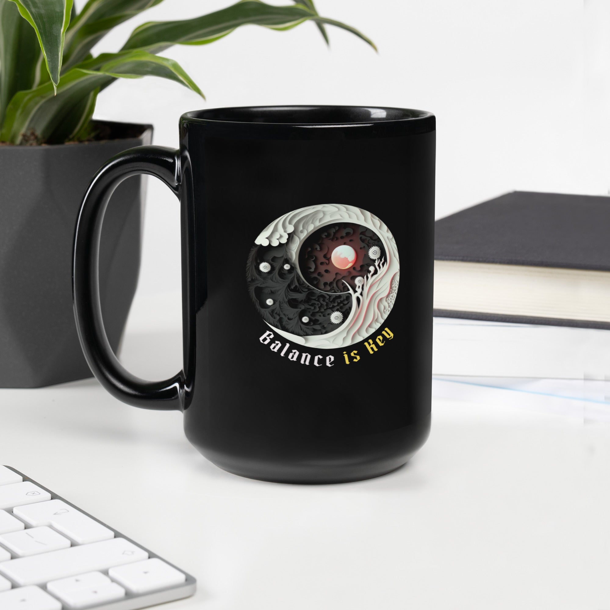 Side view of Ink Drop Yin Yang Black Glossy Mug.