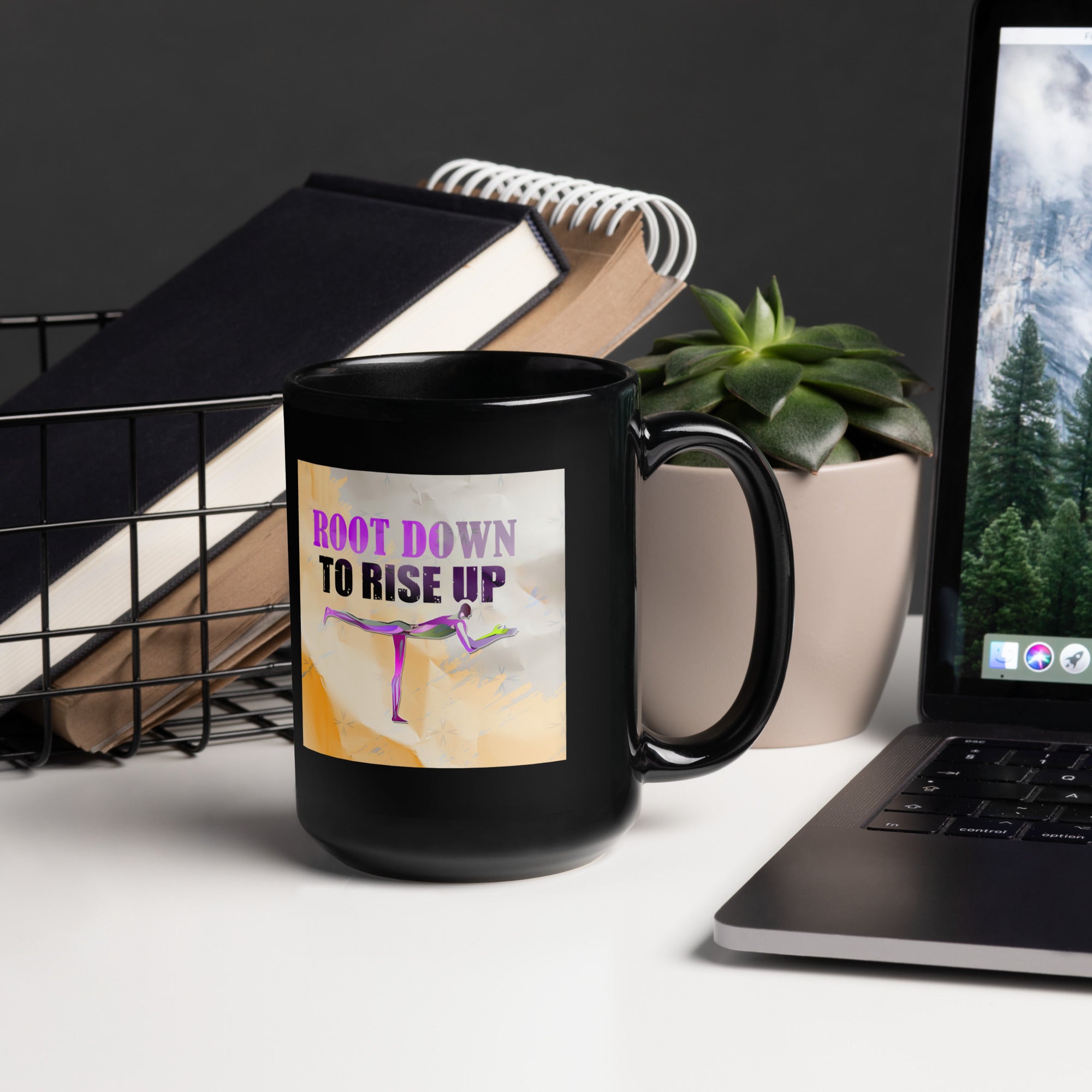 Inspirational Bridge Pose black coffee mug for yoga enthusiasts.