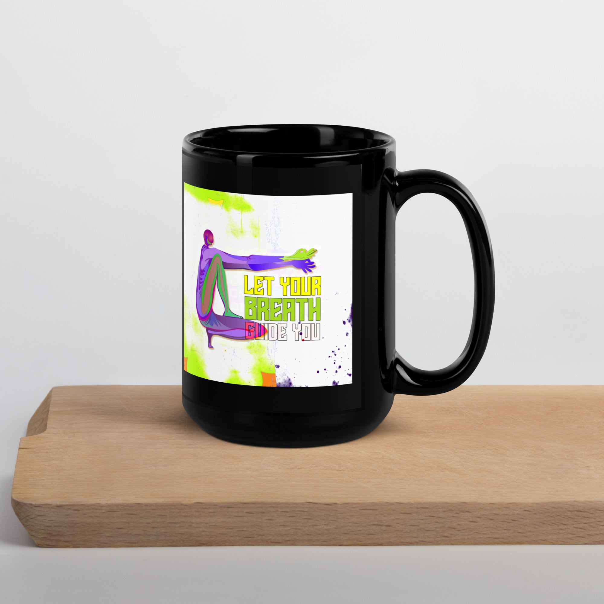 Black glossy mug with Camel Pose Openness design.