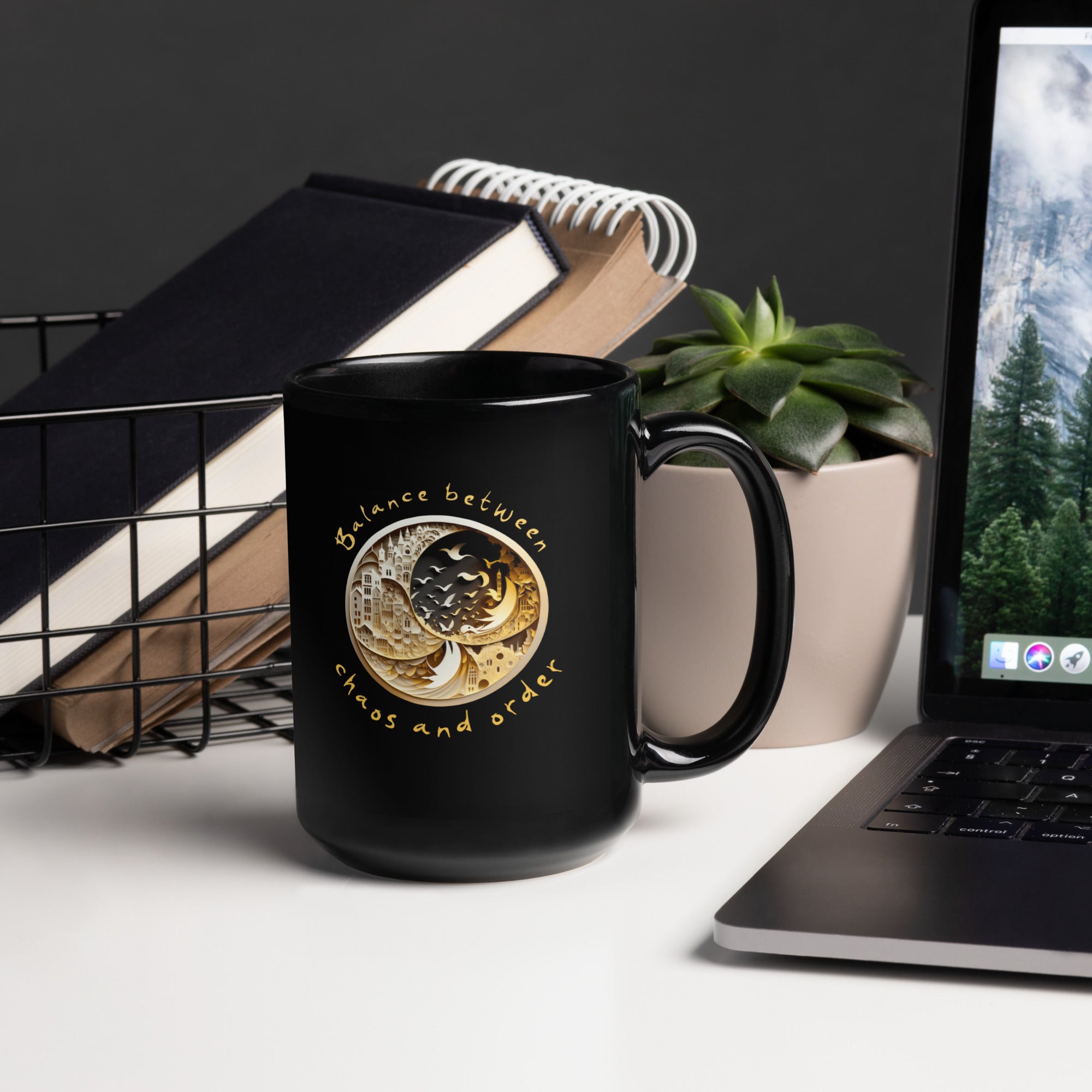 Harmony-themed black coffee mug with Ying Yang symbol.