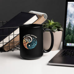 Serene Koi fish design on a sleek black coffee mug.