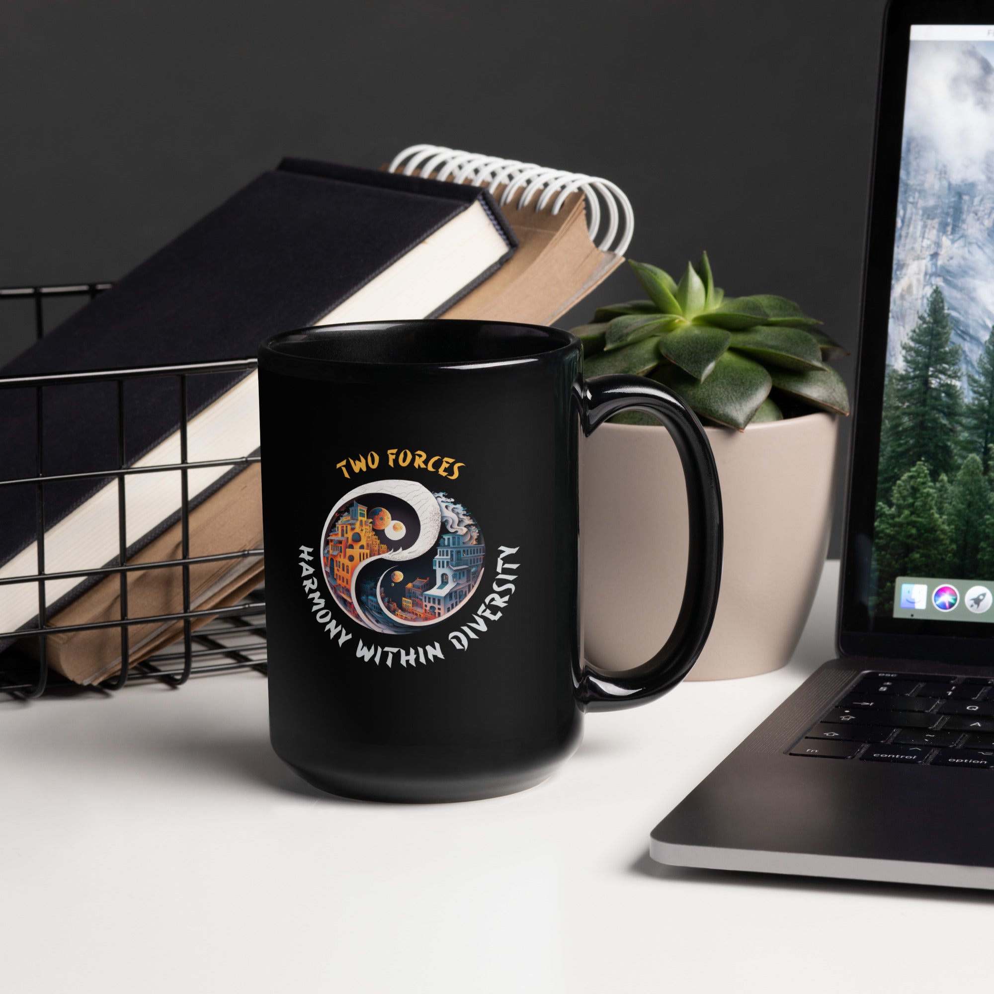 Mythical Dragon and Phoenix on elegant black coffee mug.