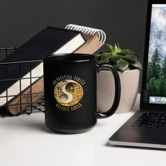 Whimsical koala-themed black coffee mug.