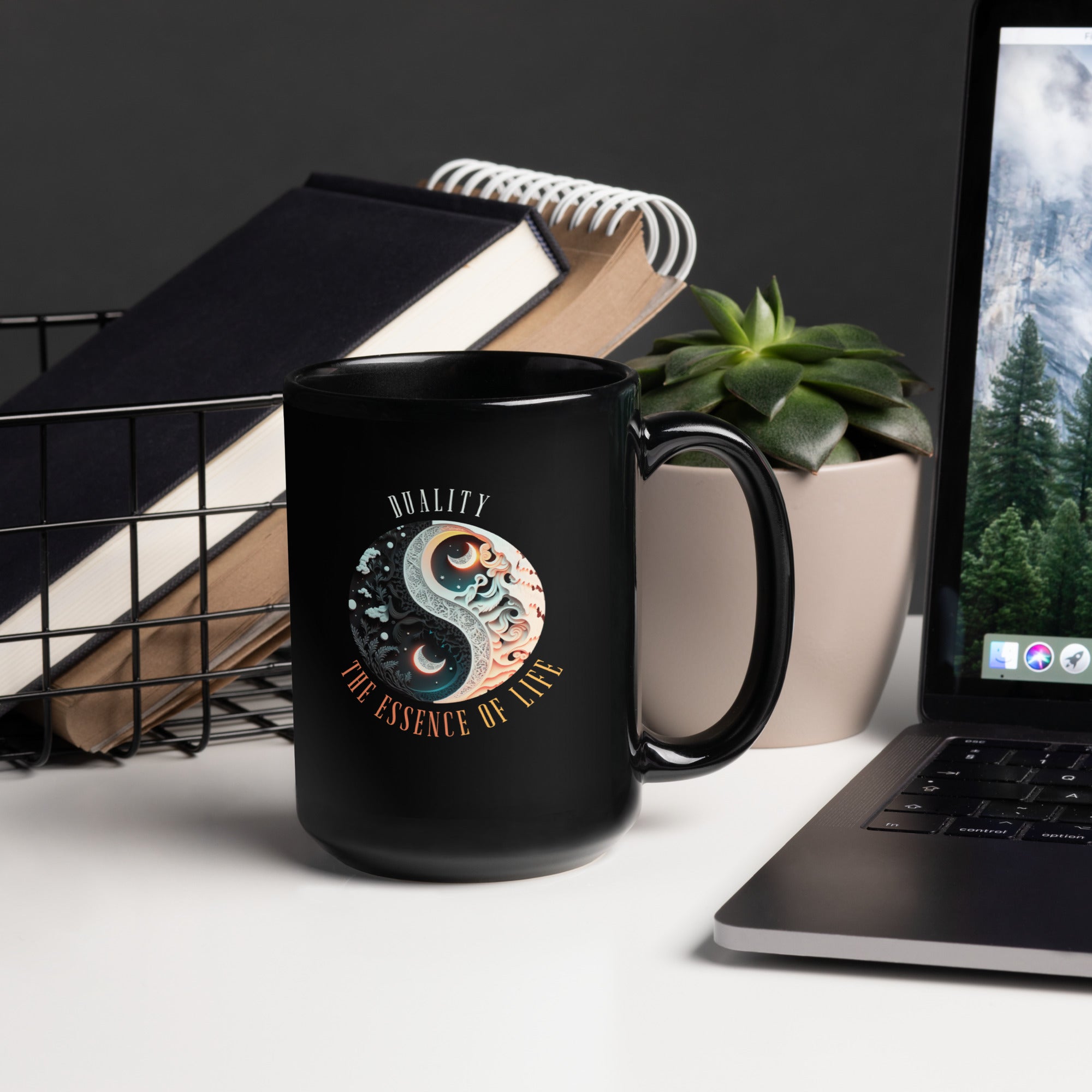 Black glossy mug with Peace Dove Yin Yang symbol.