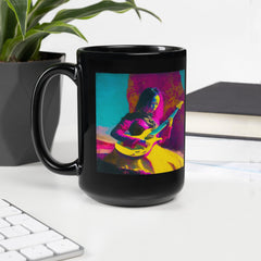 NS-807 black glossy mug filled with steaming coffee, morning light.