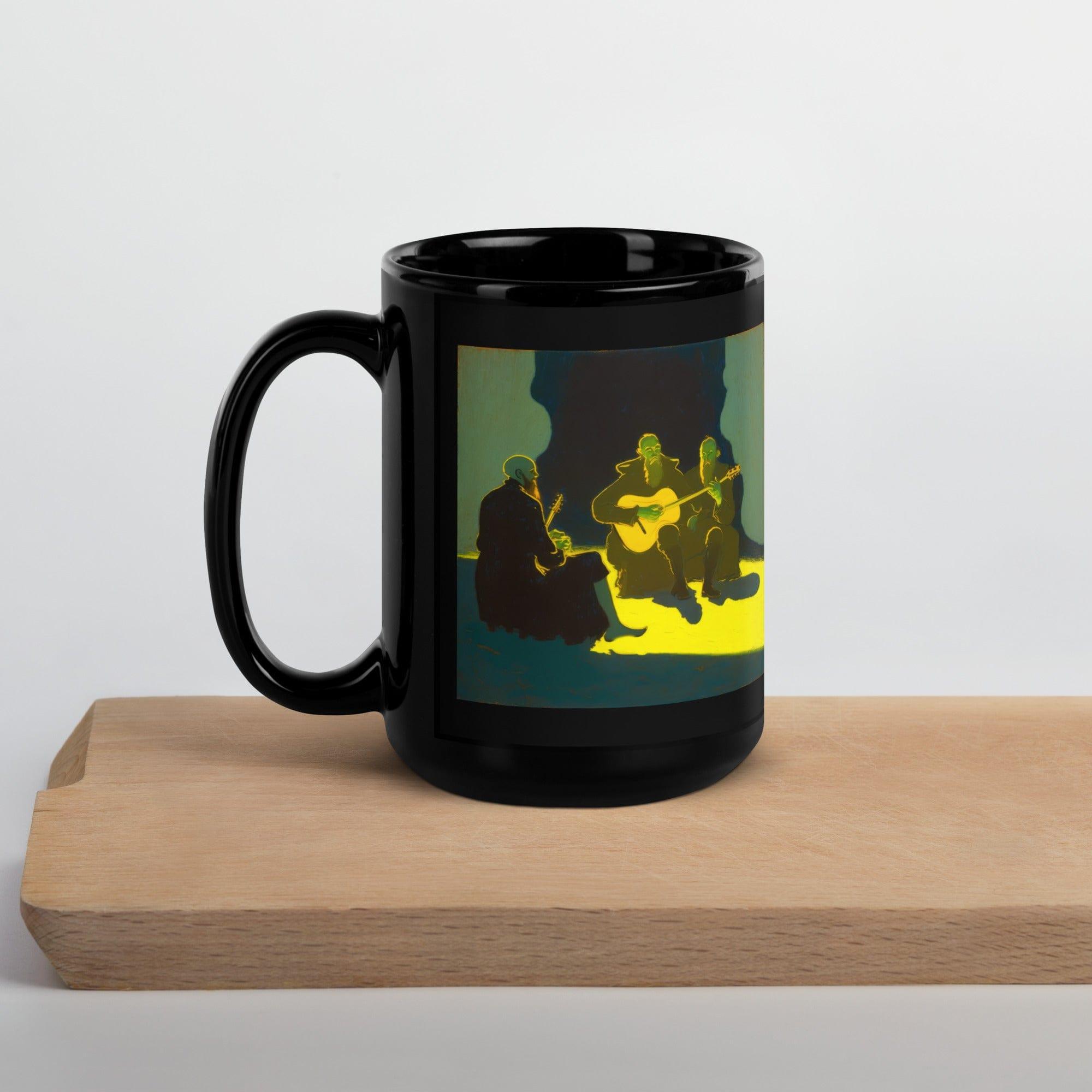 NS-801 glossy black mug filled with steaming coffee, book in background.