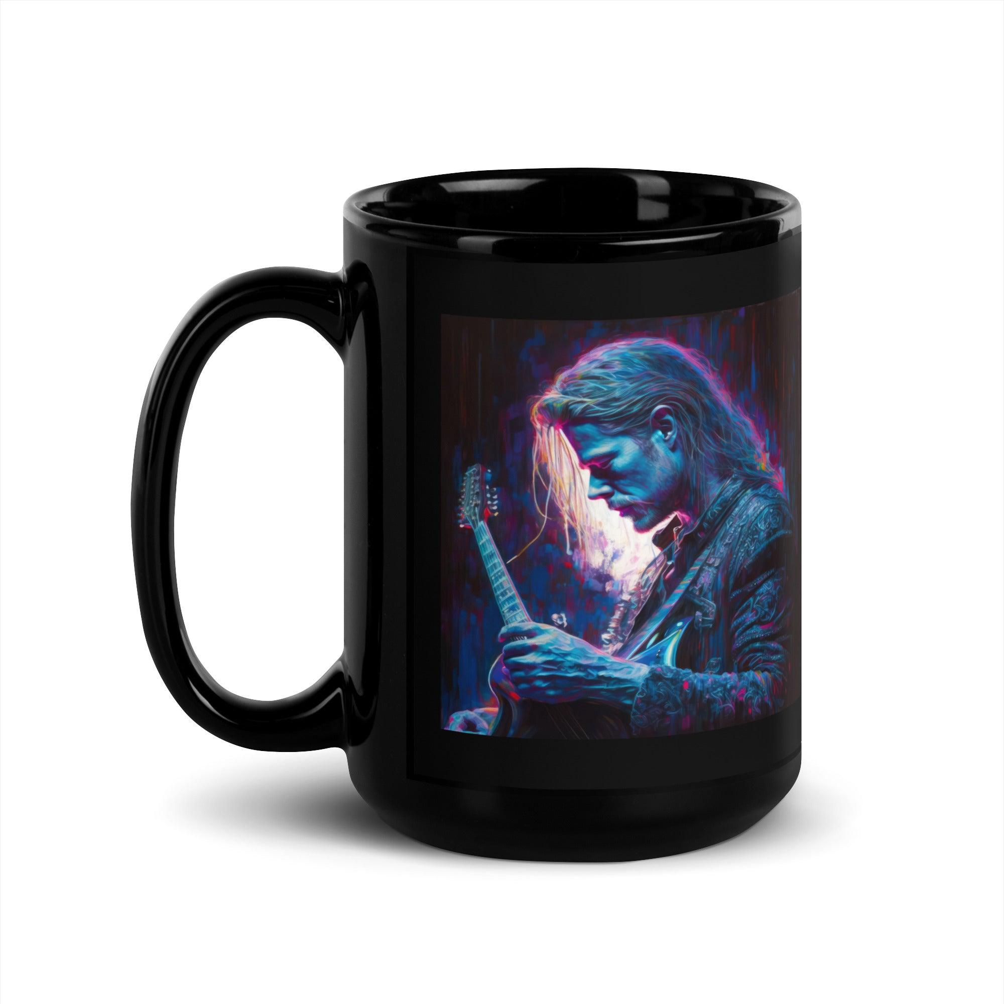 NS-14 Black Glossy Mug filled with coffee, steam visible.