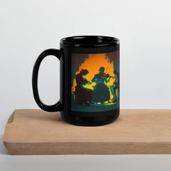 NS-802 Black Glossy Mug filled with coffee, steam visible.