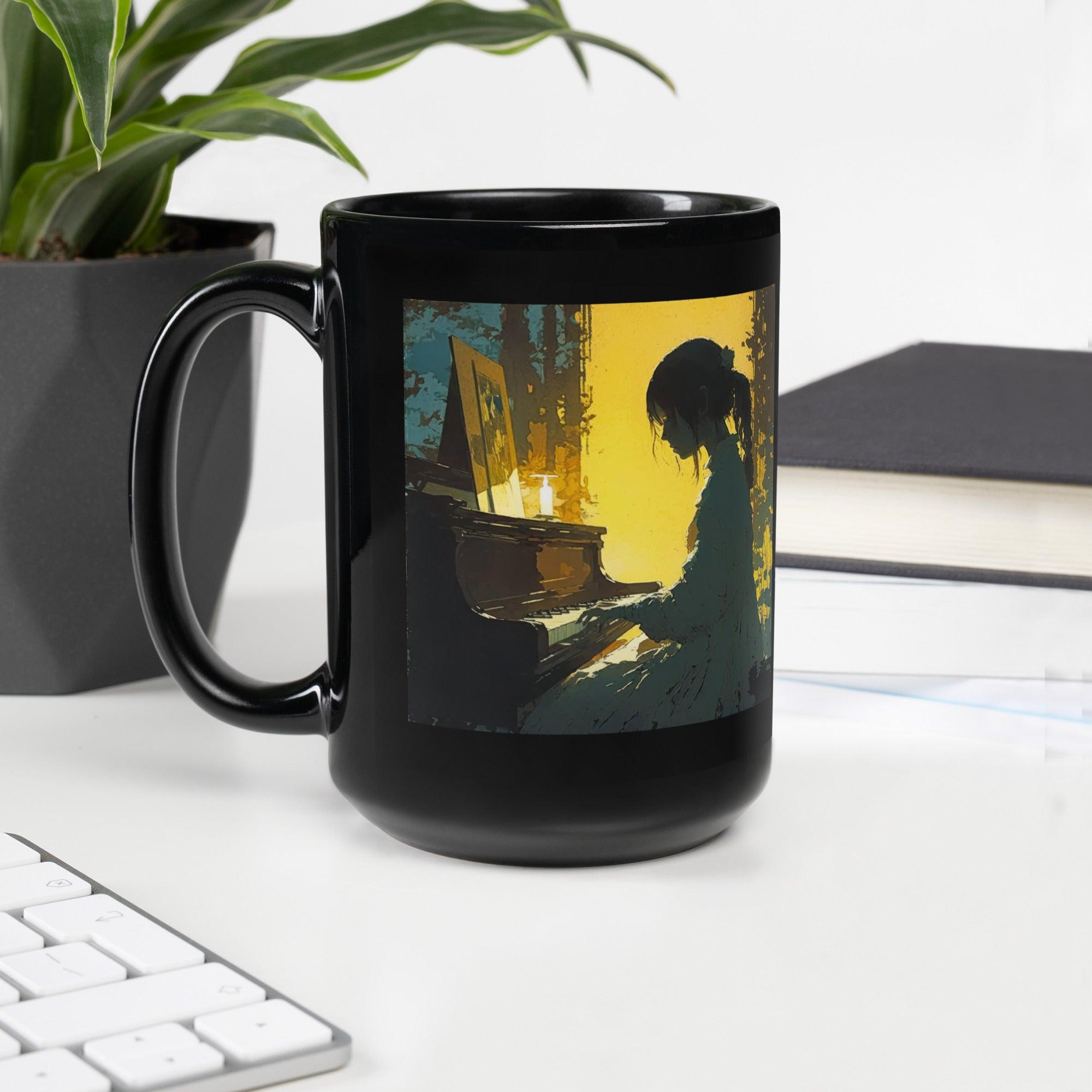 NS-812 Black Glossy Mug filled with coffee, steam visible, on a morning table.