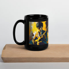 NS 822 Black Glossy Mug filled with coffee, steam visible.