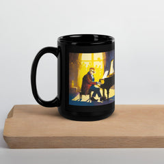 Hand holding NS-835 black glossy coffee mug filled with coffee.