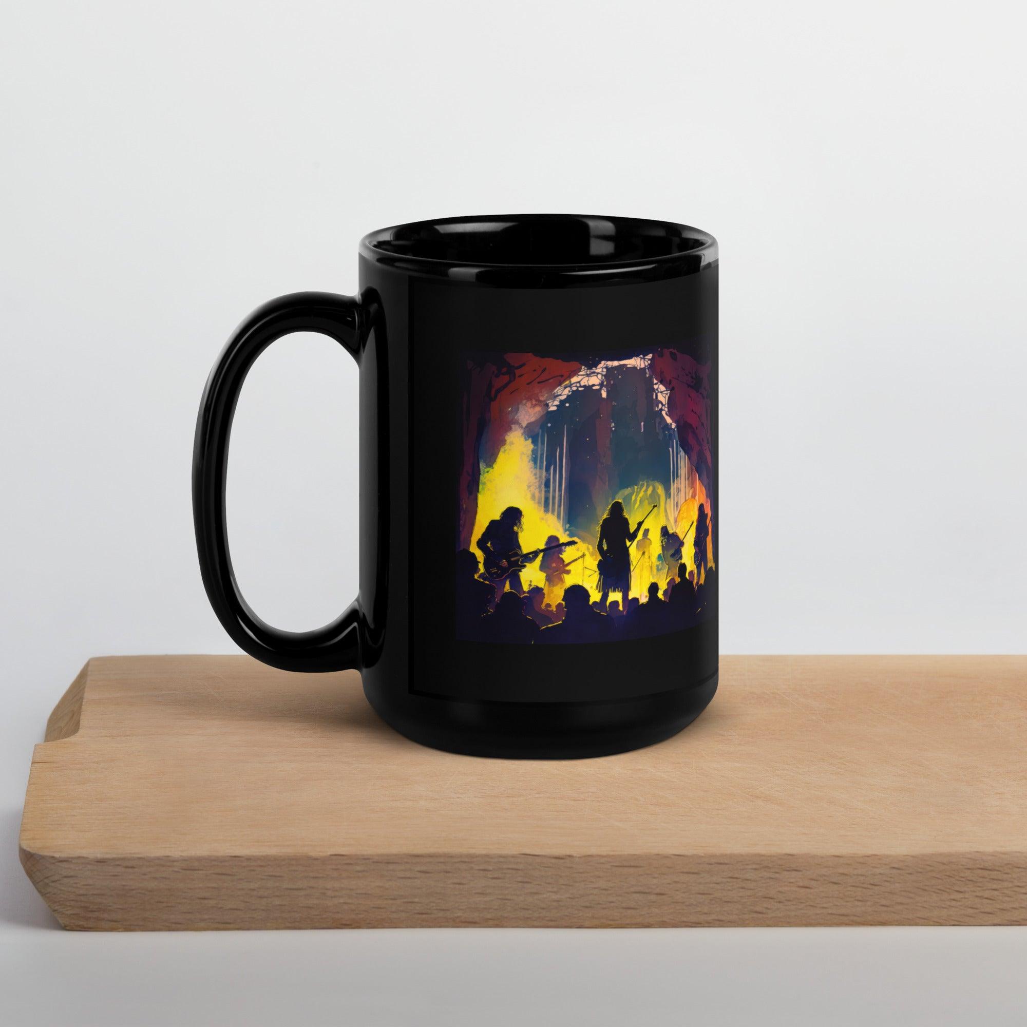 NS-849 Black Mug filled with coffee, steam visible, morning light.