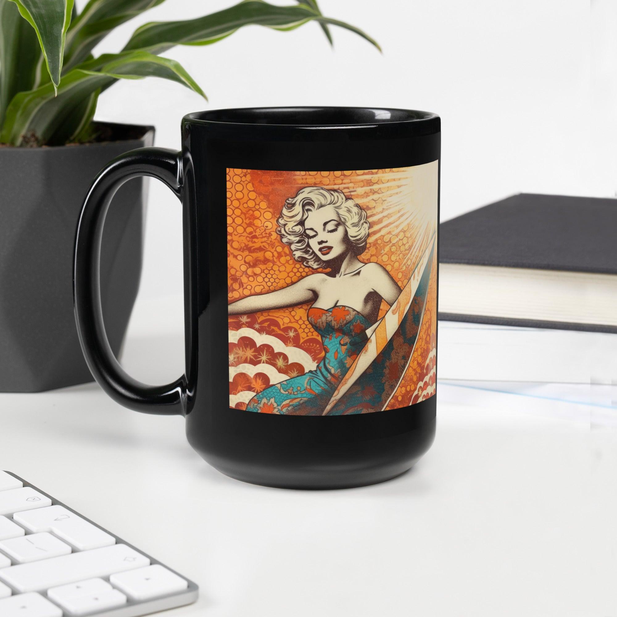 Elegant black mug featuring the Surfing 5 05 iconic surf pattern, perfect for coffee or tea enthusiasts.