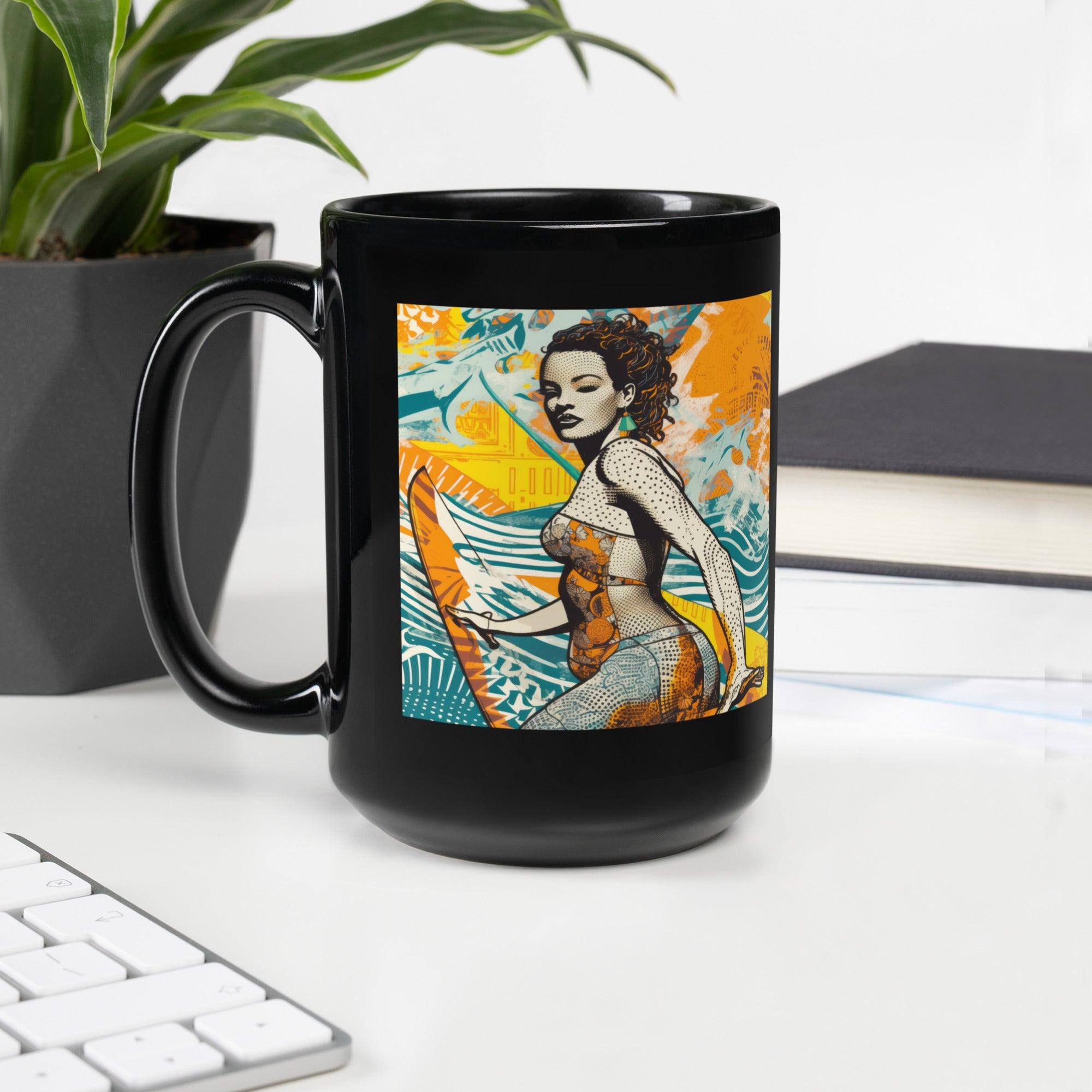 Elegant black mug featuring the Surfing 5 30 surf design, perfect for adding a touch of class to your daily caffeine ritual.