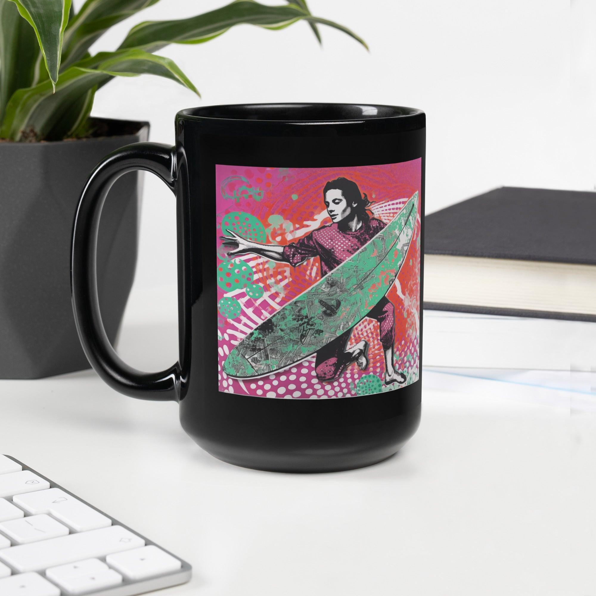 Chic black mug with Surfing 5 10 surf design, perfect for adding a touch of adventure to your coffee time.