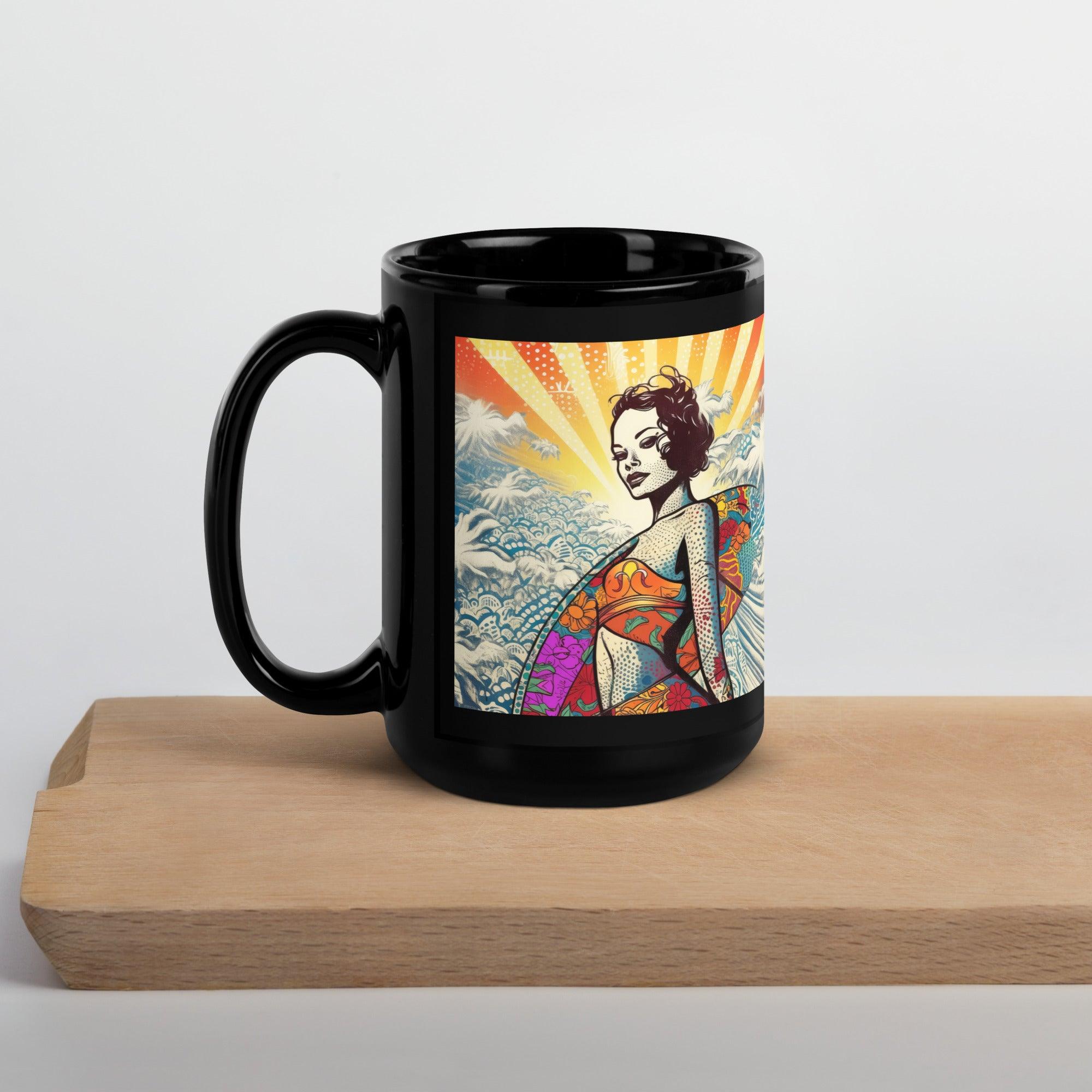 Bold Surfing 5 27 Black Glossy Mug with unique coastal motifs, enhancing your coffee experience.