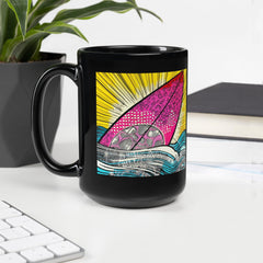 Elegant black mug featuring Surfing 5 32's unique surf motif, perfect for adding a touch of adventure to your morning routine.