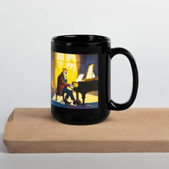 NS-835 black glossy mug with steam rising from hot beverage.