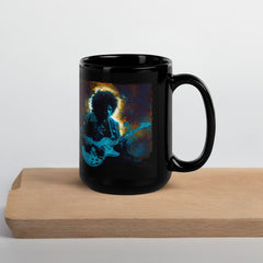 Elegant NS-855 black glossy mug held in hands, cozy background.