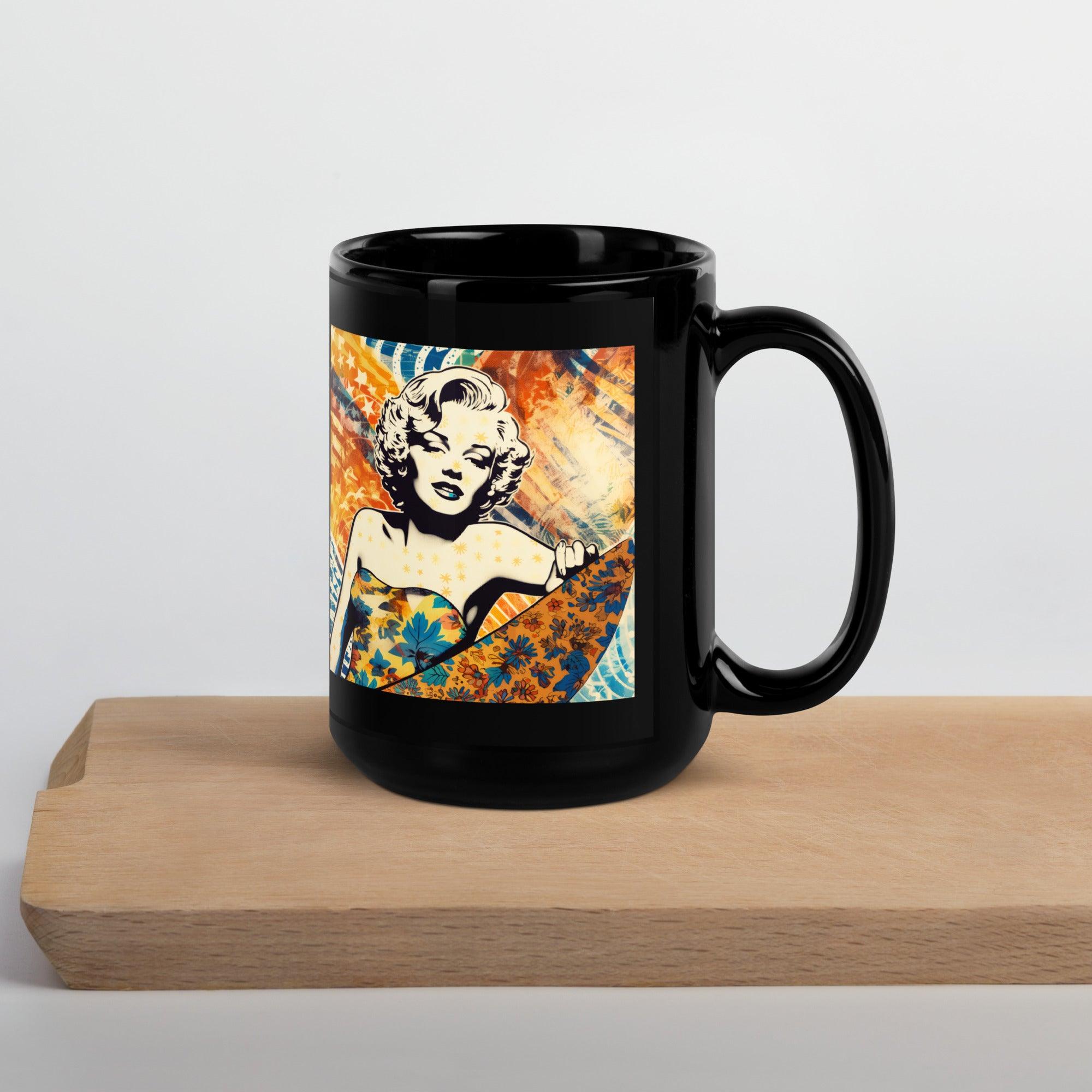 Stylish black mug adorned with Surfing 5 08's vibrant surf artwork for a chic coffee time.