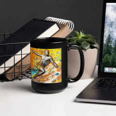 Stylish black mug featuring Surfing 5 12's dynamic surf scene, perfect for adding excitement to your coffee or tea routine.