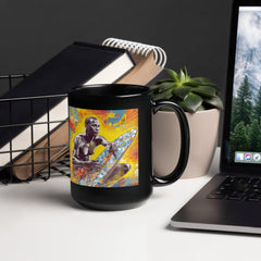 Chic black glossy mug featuring the iconic Surfing 5 16 wave design, perfect for surf enthusiasts.