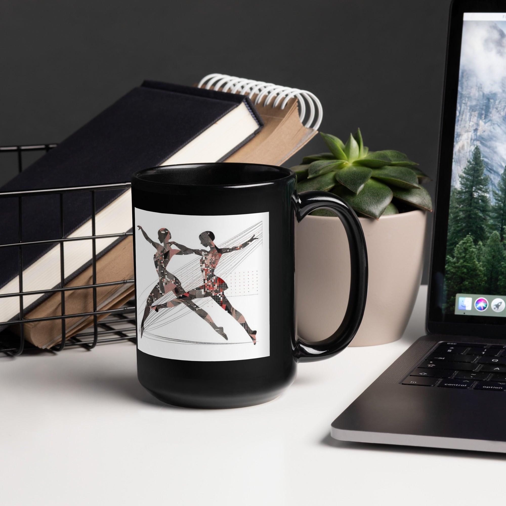 Elegant dance-themed glossy black mug for coffee and tea.