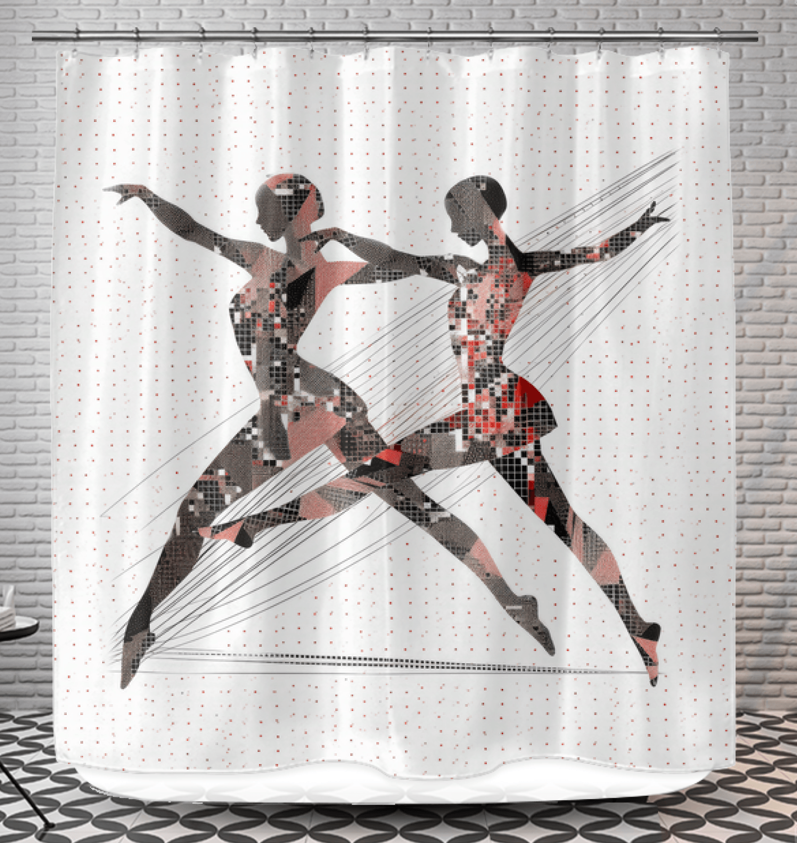 Close-up of Bold Women's Dance Expression Shower Curtain with vivid colors and dynamic dance poses.