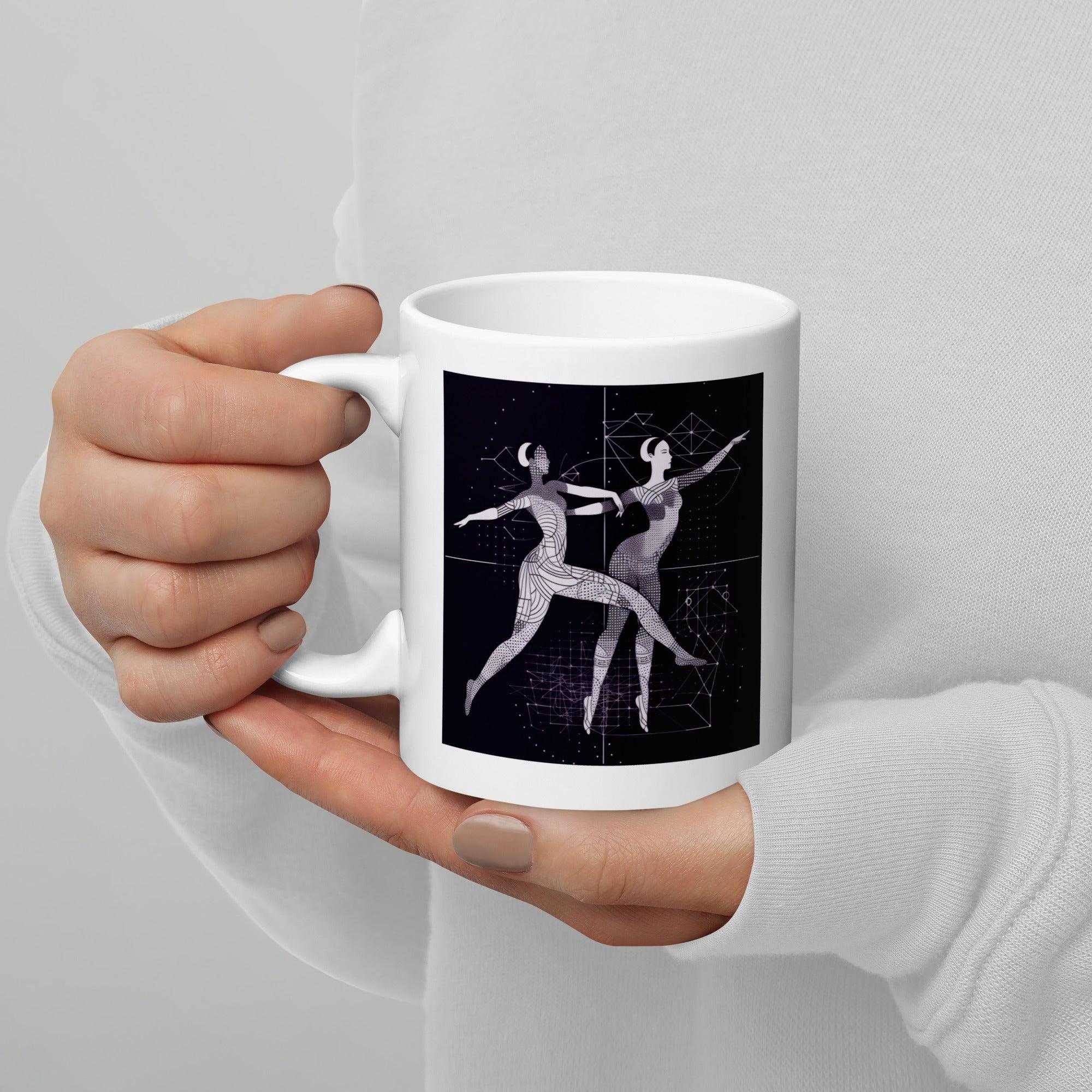 Close-up of a glossy white mug designed for dancers.