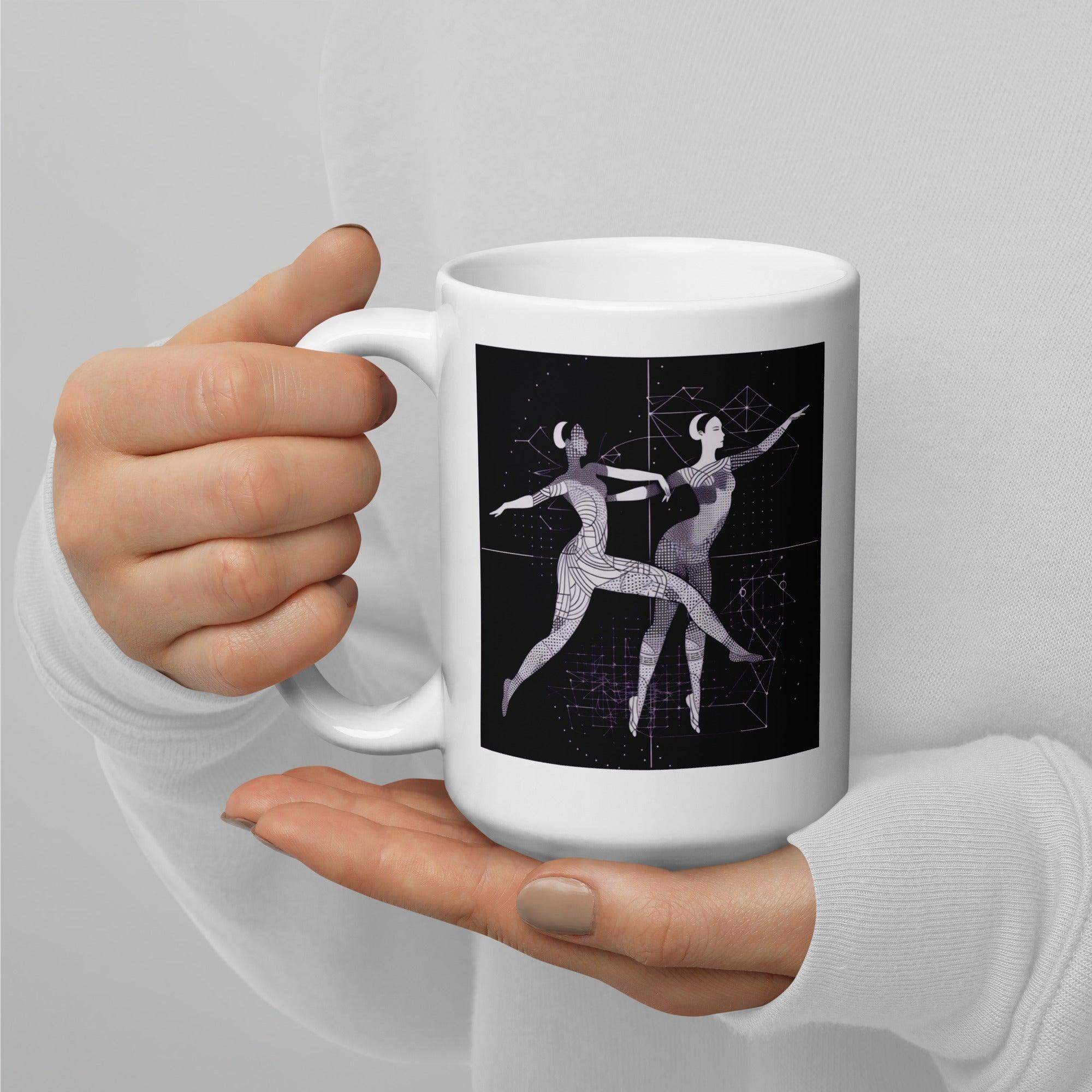 Elegant white mug reflecting women's bold dance performance theme.