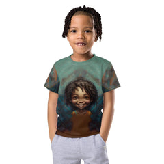 Child smiling while wearing the CB3-38 crew neck t-shirt outdoors.