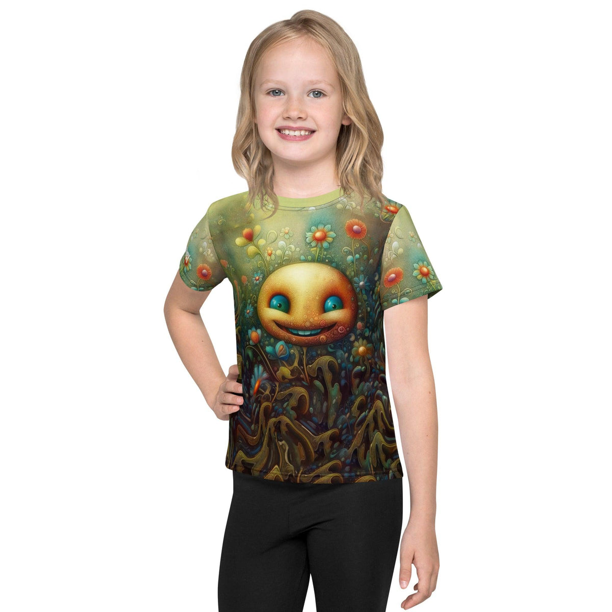 Child smiling wearing CB3-50 kids crew neck t-shirt in blue.