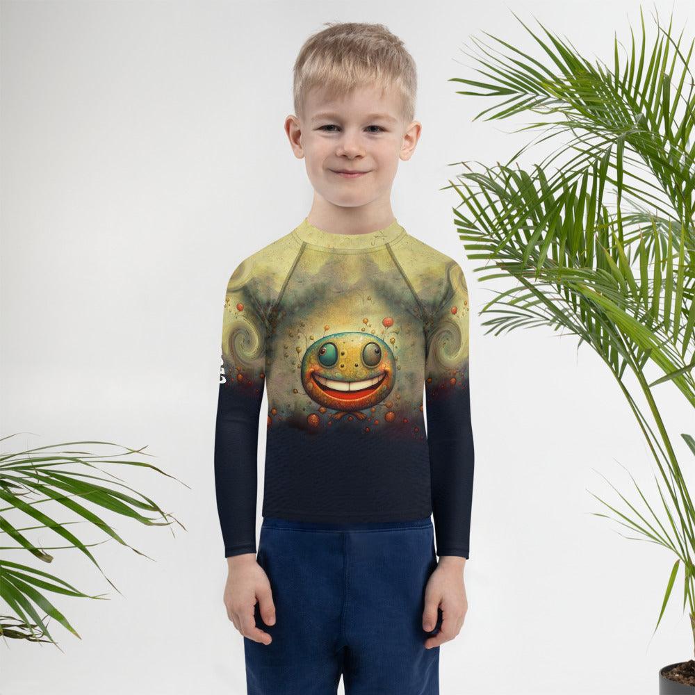 Kid swimming in pool wearing the colorful CB3-52 Rash Guard