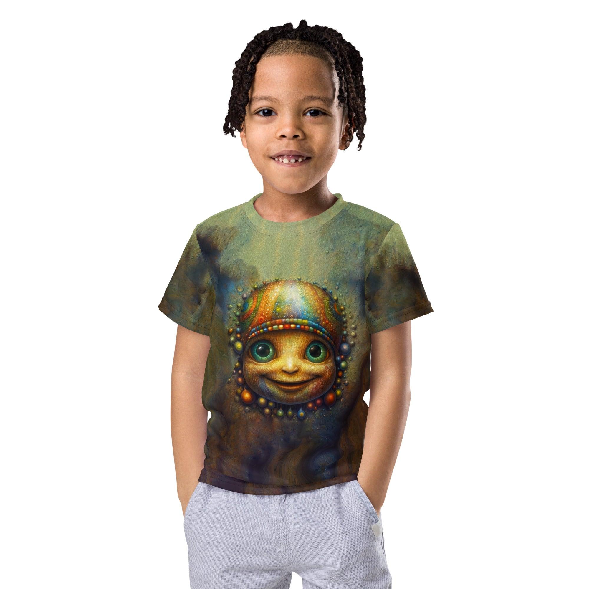 Child smiling in a CB3-53 kids crew neck t-shirt, light blue color.