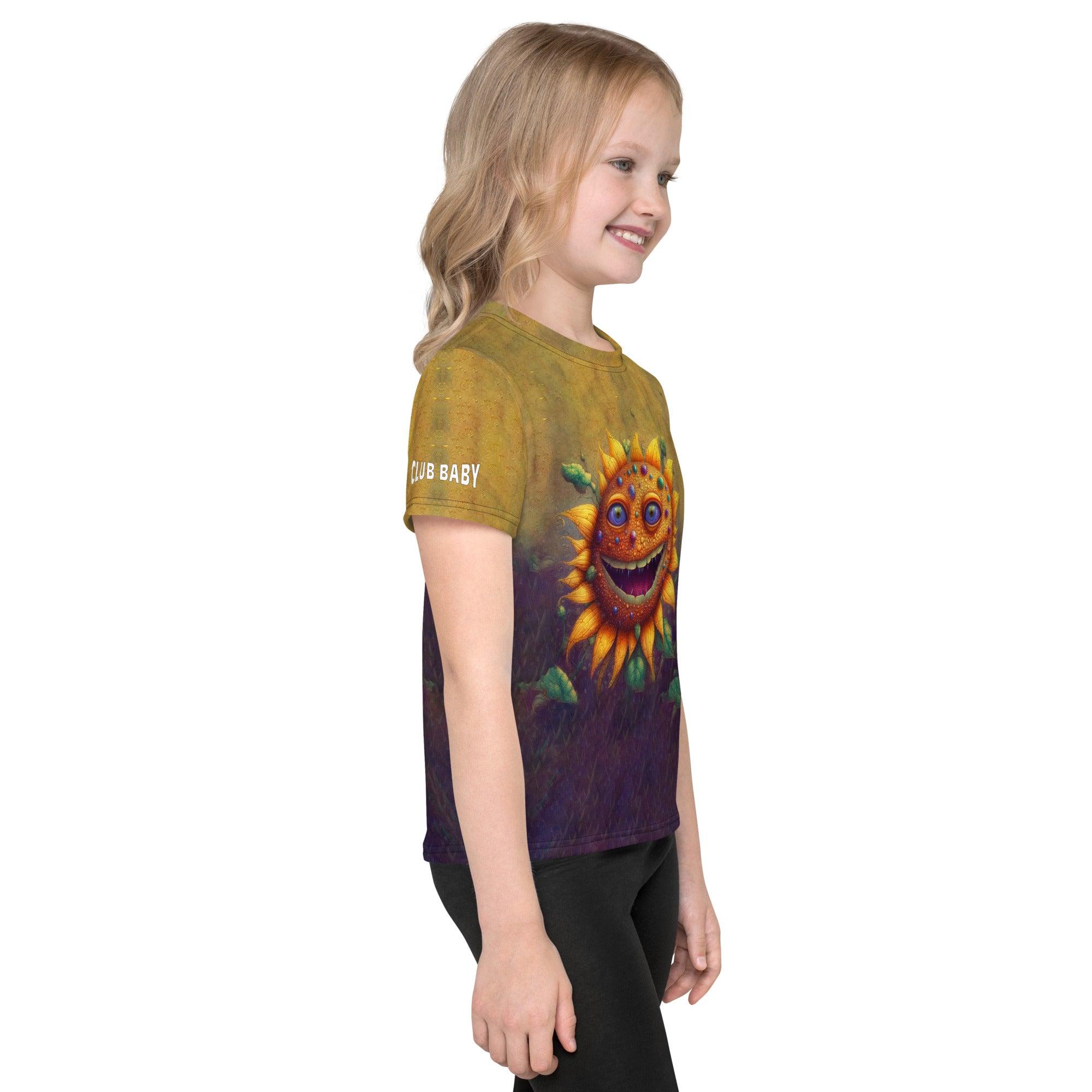 Kid running joyfully in a park wearing CB3-56 crew neck t-shirt