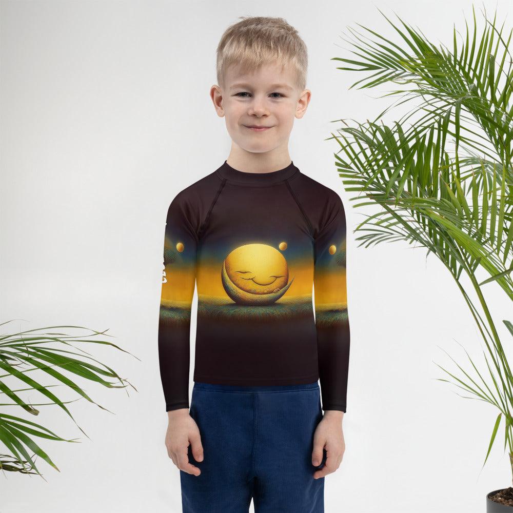 Child wearing CB3-61 Kids Rash Guard while playing on the beach