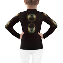 Back view of child wearing CB3-67 sun protection rash guard