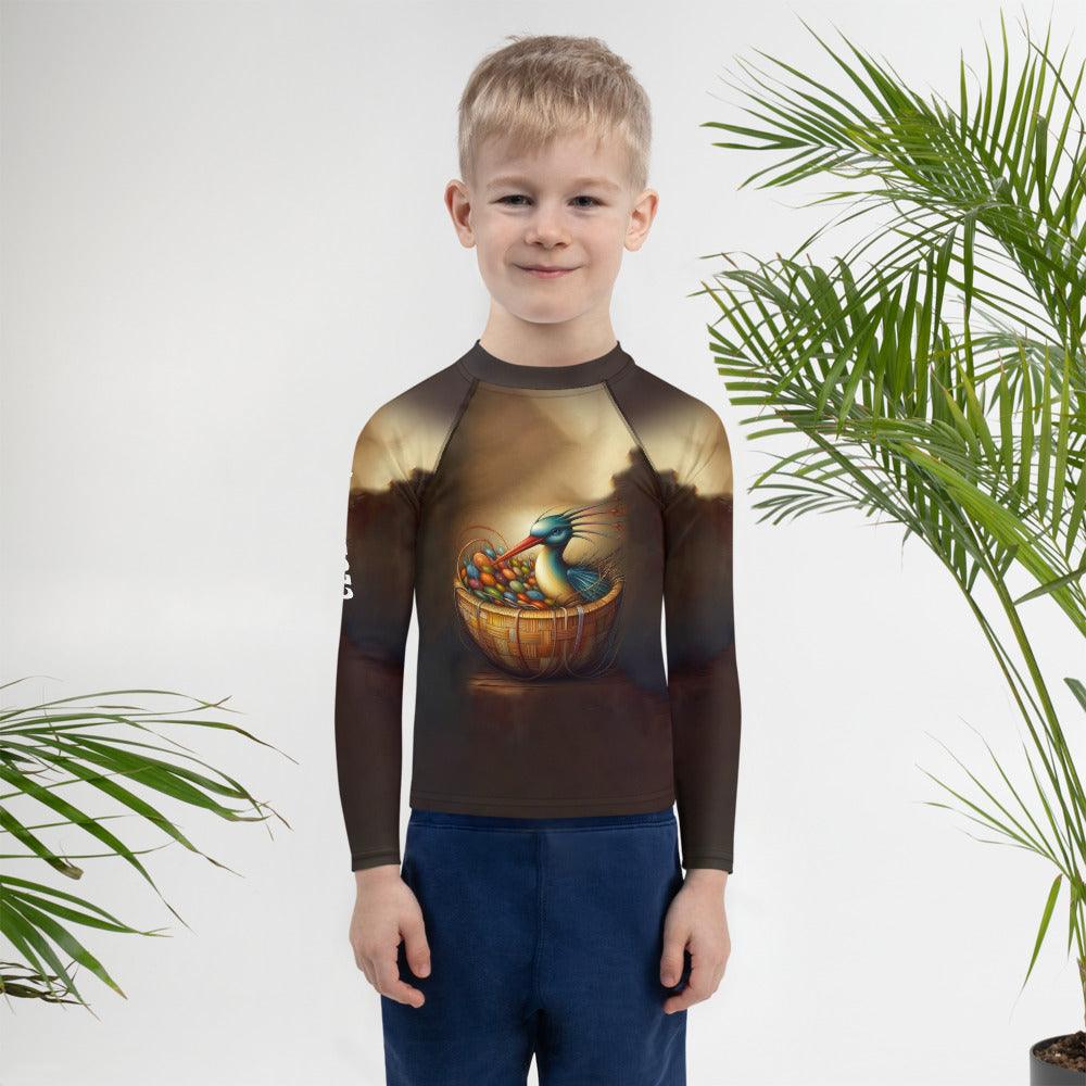 Back view of child in CB3-68 Rash Guard enjoying the sea