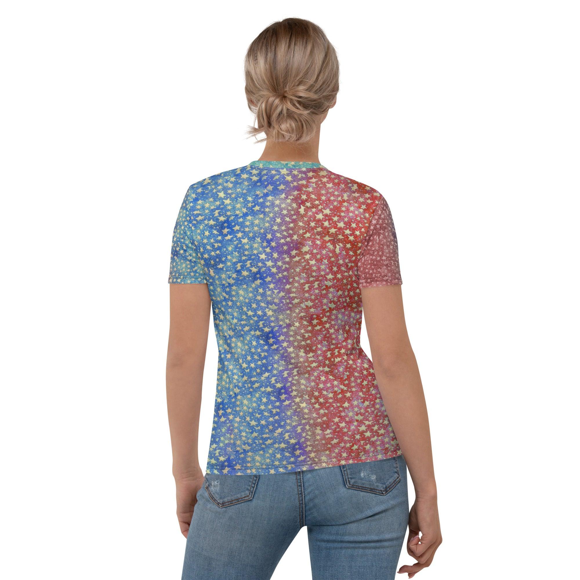 Back view of women's celebratory artworks t-shirt.