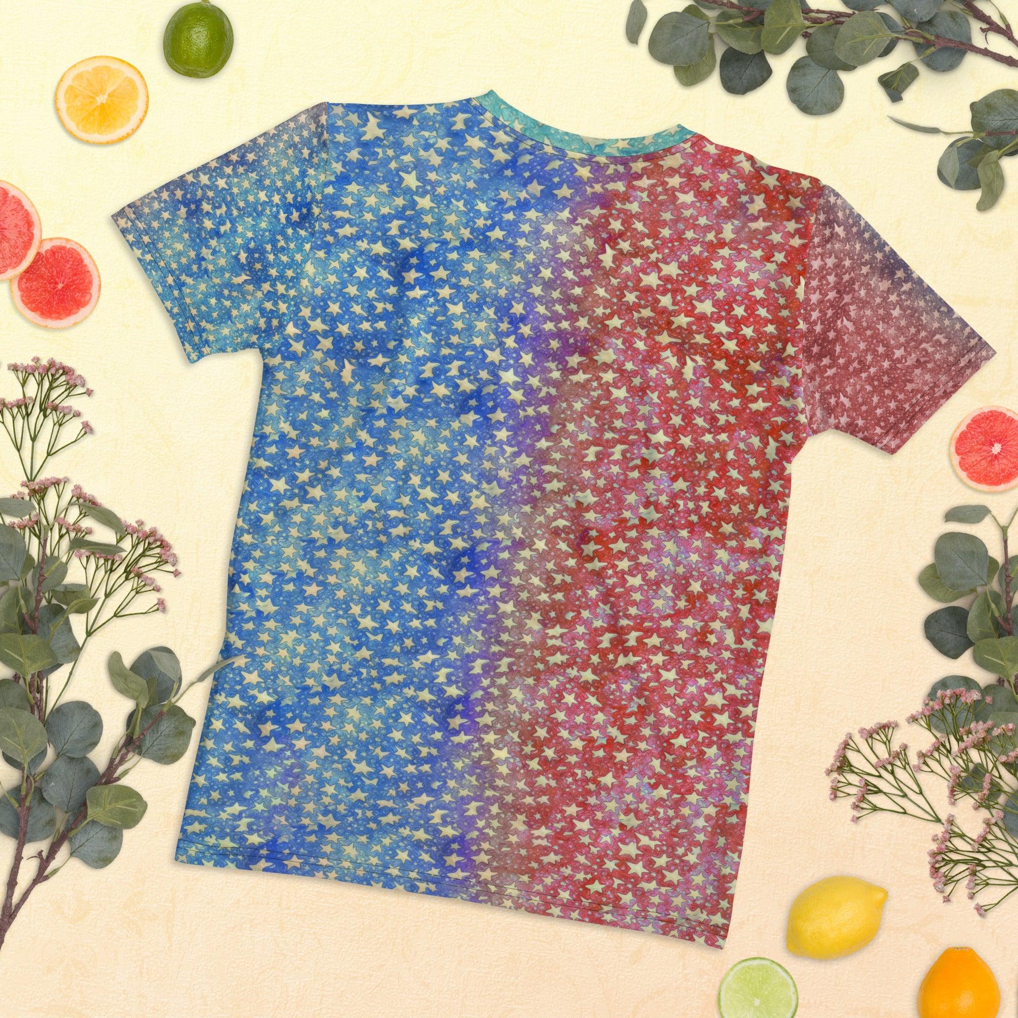 Close-up of celebratory artwork print on women's tee.