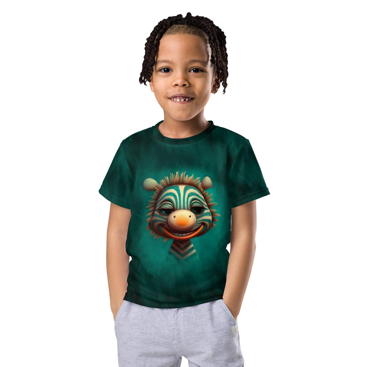 Child wearing Celestial Glimmers Kids T-shirt with starry design.